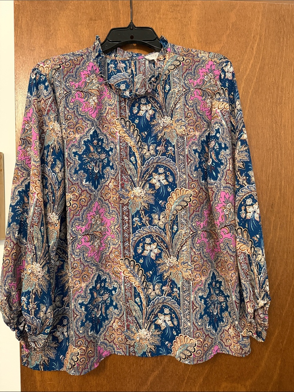 LOFT Navy Paisley Long-Sleeve Blouse